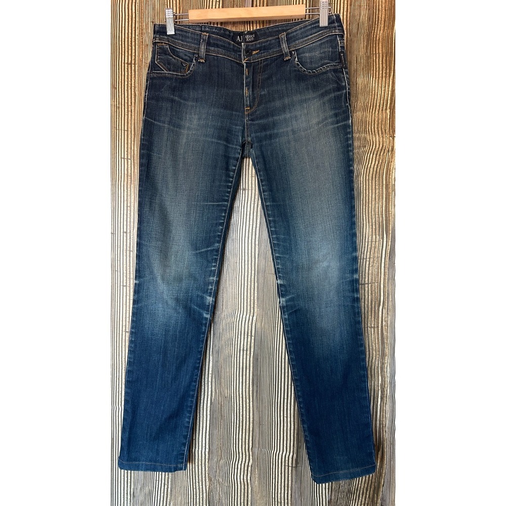 AJ Armani Jeans Womens Dark Distressed Wash Straight Leg Preppy Stretch Sz 29x29